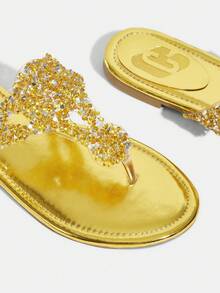 CUCCOO TILAWA Sandal Wanita Modis dengan Hiasan Kristal dan Rhinestone, Cocok untuk Santai Sehari-hari, Pesta, Liburan Musim Semi, Paskah, Dansa, Hari Valentine, dan Musim Panas. - Emas - View 6
