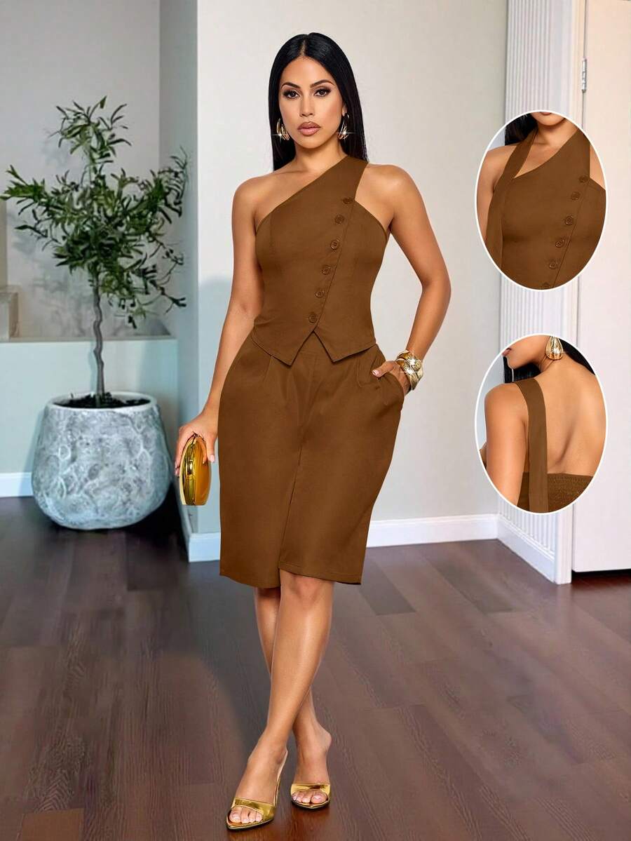 SOLERSUN Commuting Night Out Old Money Style Asymmetric Neckline Sleeveless Drop-Waist Top And Seven-Inch Pants Set Shades Of Brown Summer