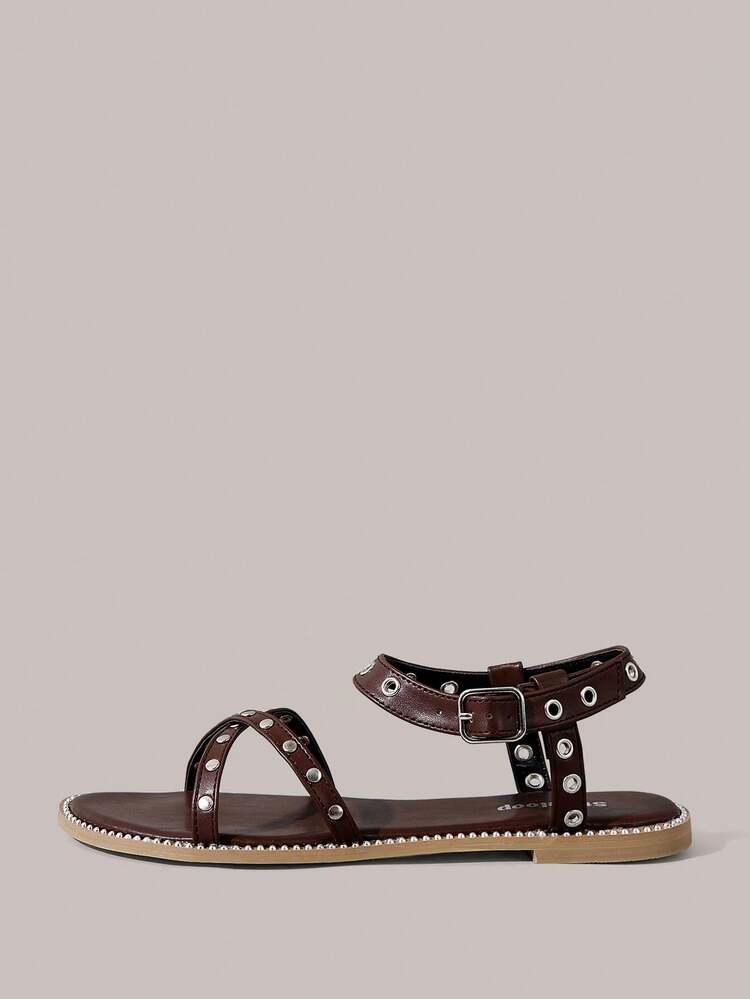 Styleloop Sandalias planas con hebillas y adornos para damas - Marrón oscuro - Añade 4