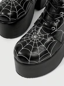 ROMWE Grunge Punk Giày sandal cao gót nữ ~ Thời trang mới 2026 Thu Đông phong cách Punk màu đen PU mũi tròn phong cách punk đế dày buộc dây phía trước kiểu hiệp sĩ phong cách Y2K Goth JK mạng nhện đường phố bốt ngắn bốt cưỡi ngựa - màu đen - Xem 2