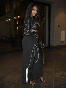 Chea Andrea Girls Back To School Athleisure Woven Tape Black Wide Leg Sweatpants Joggers - Black - View 6