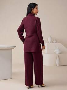 Veilorie Conjunto de 2 piezas de camisa y pantalones de unicolor casual para mujer - Burdeos - Ver 4