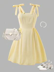 SHEIN Teen Girl Solid Color Twist Shoulder Cute Dress - Yellow - View 3