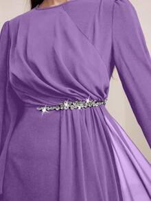 Graceveil Women's Solid Color Round Neck Long Sleeve Spliced Mesh Elegant Dress Modest Official Deep Purple Autumn - Purple - View 7