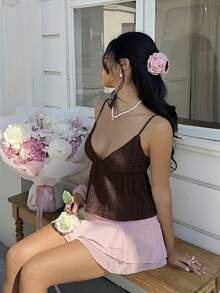 MainGRL Women's Casual Coffee Brown Quilted Camisole, Suitable For Vacation & Valentine's Day - Coffee Brown - View 6