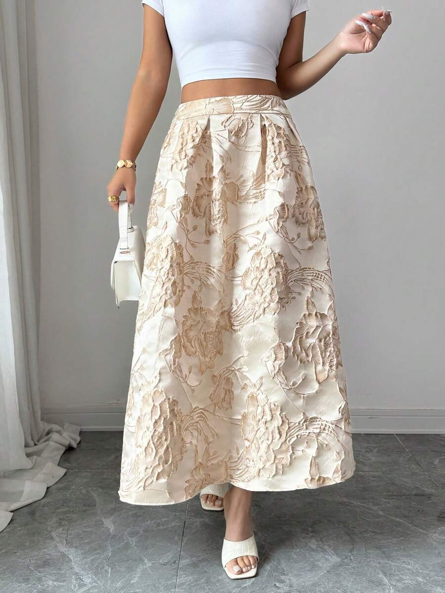 SHEIN Elenzya Falda acampanada de jacquard elegante y romántica para vacaciones, oficina y fiestas en color albaricoque - Albaricoque - Ver 1