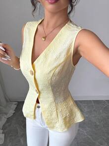 Selianne Women's Vest Elegant Business Casual Sleeveless Jacket Brocade Texture White Metallic Buckles Waist Cinching Design Office Autumn Tops - Light Yellow - View 8
