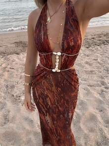 Aloruh 女士印花镂空露腰露背连衣裙，波西米亚风动物纹串珠露腰露背连衣裙，夏季沙滩裙，女士沙滩度假装，度假连衣裙，女士热带度假装，热带度假女装，性感露背连衣裙 - 棕色 - 查看 10