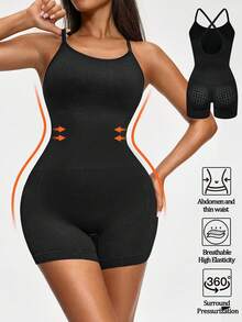 Bodysuits de mujer SHAPORA de color sólido con espalda cruzada, que levanta el trasero, sin costuras, sexy con tirantes, control de abdomen, efecto estilizante, sin mangas, de punto. - Negro - Ver 6