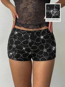 MOD Pantalones cortos de mujer negros glamorosos con adornos de lentejuelas, pantalones cortos de lentejuelas, pantalones cortos con brillo, pantalones cortos con brillo, Navidad, Año Nuevo, Fiesta, Acción de Gracias, Elegante, Fiesta, Baile de graduación, Falda brillante, Pantalones cortos de lentejuelas, Elegante para la noche de bodas, Pantalones cortos con brillo - Negro - Ver 2