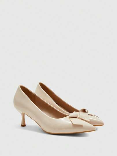 CUCCOO BIZCHIC 女士高跟鞋，尖头蝴蝶结浅杏色漆皮高跟鞋，女士通勤百搭细高跟鞋，优雅气质职业鞋