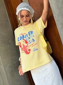 MainGRL Women's Light Yellow White 2-Piece Set Lobster Print Cotton T-Shirt And Lace Maxi Skirt For Summer, Casual Sexy Vacation, Beach Golf Travel, Shopping - Yellow - View 4