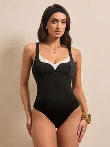 Silquee 女士夏季新款撞色蕾丝塑身连体裤 - 黑色 - 查看 8