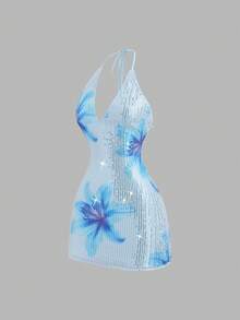 SHEIN Sweetro Women's New Spring/Summer Suitable For Vacation, Party, Elegant Romantic Floral Sequin Fabric Deep V-Neck Design Backless Tie Strap Mini Dress - Blue - View 3