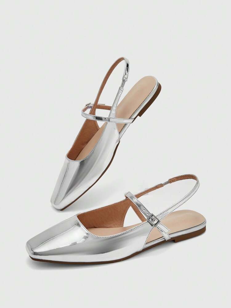 CUCCOO BIZCHIC Women Shoes Small Square Toe Flat Bottom Silver Mirror Women Low Vamp Flat Bottom Slingback Shoes Light Comfortable Simple Commuting Daily Versatile Women Flat Sole Shoes