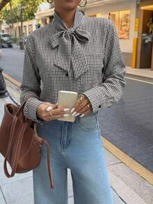 Elyressa 女款格紋休閒襯衫，黑白格紋秋季優雅通勤上衣，百搭日常穿搭上衣 - 彩色 - 查看 4
