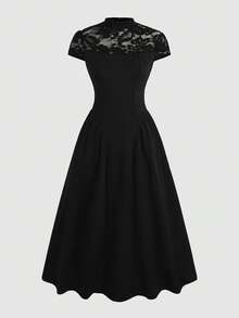 Teen Girl Spring/Summer Elegant Lace Patchwork Long Dress, Dress With Stand Collar, Short Sleeve, Cinched Waist, Ruched Full Skirt, - Black - View 3