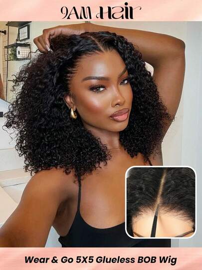 Wear And Go Bob 假发，真人发卷发波波头无胶假发，真人发预先拔毛、预先剪裁，5x5 蕾丝闭合，女士湿发波浪卷发波波头假发，蕾丝前额无胶假发，真人发，12 英寸，自然黑