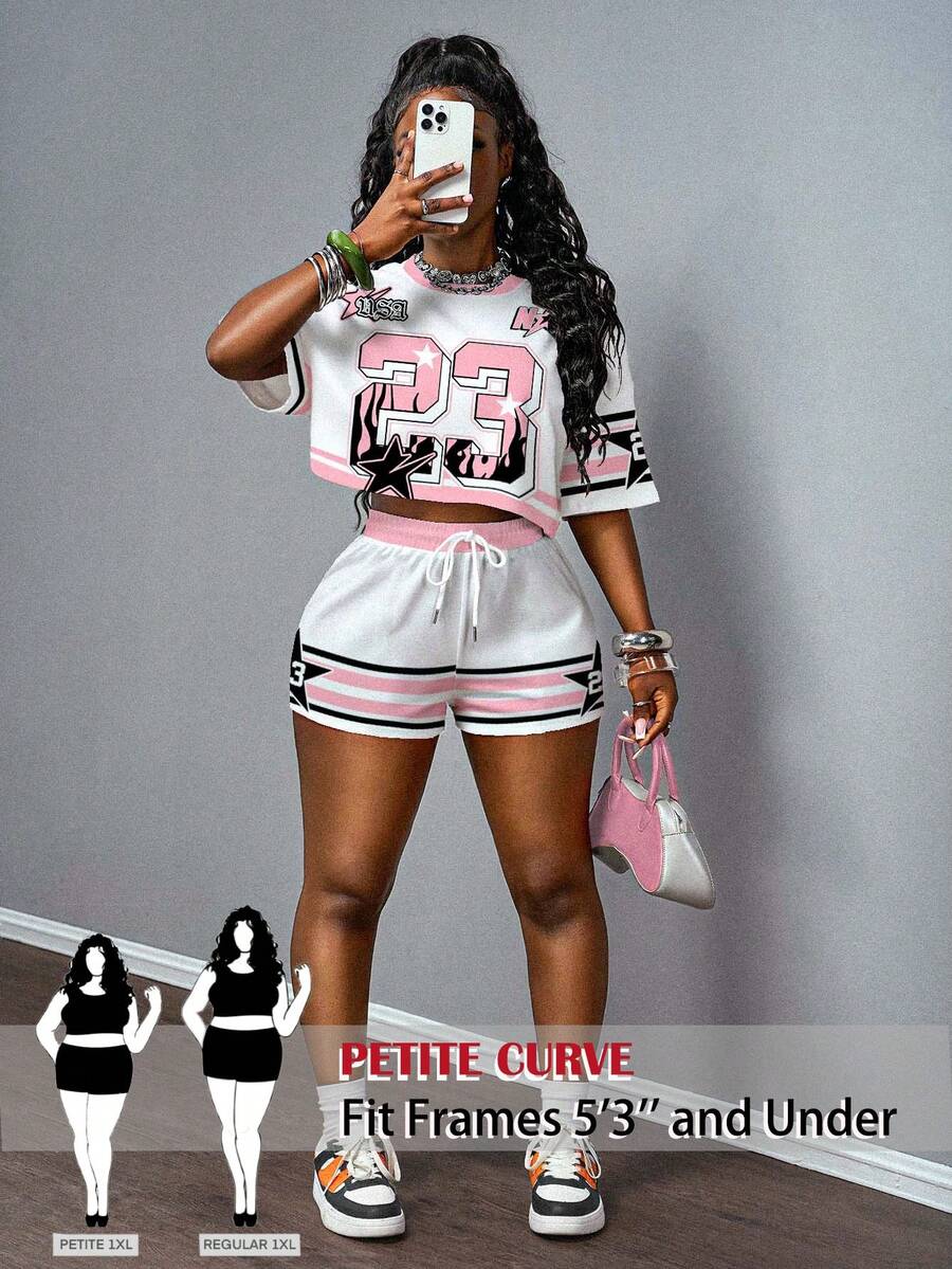 SHEIN PETITE CURVE Bộ đồ nữ cỡ lớn gồm áo tay ngắn và quần short in số phối màu tương phản, kiểu dáng thường ngày, thích hợp cho mùa hè/thu, phong cách Y2K, mặc thường ngày/đi học/ở nhà, 2 món. - Nhiều màu - Xem 1
