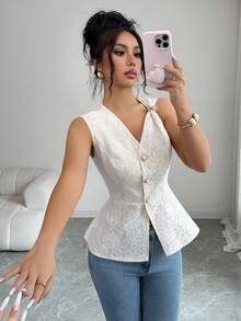 Elenzga Elegant Cream White Summer Lace V-Neck Sleeveless Waist Cinched Mermaid Hem Dress,Metal Pearl Decor,Tea Party,Wedding,Formal Dinner,Commute,Vacation - White - View 7