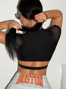 SHEIN ICON Mesh Contrast Short Sleeve Crop Top With Underwire Detail - Black - View 3