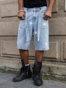 Manfinity EMRG Quần short denim nam màu xanh dương, kiểu dáng thường ngày, in họa tiết và có miếng vá. - Rửa nhẹ - Xem 6