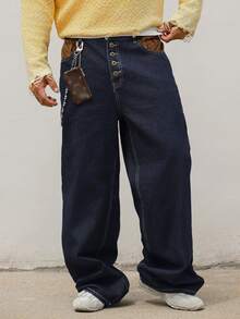 Quần jeans nam màu xanh hải quân đã giặt, thiết kế phối nhiều mảnh vải, cài nút, dáng dài. - Màu xanh lam - Xem 4
