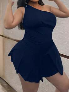 Maweii 夏季大码女式纯色针织性感无袖连体裤 - 藏蓝色 - 查看 6