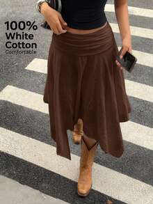 Aloruh Falda midi plisada con bajo asimétrico, nueva de primavera/verano, 100% algodón, conjunto retro Y2K - Marrón - Ver 7