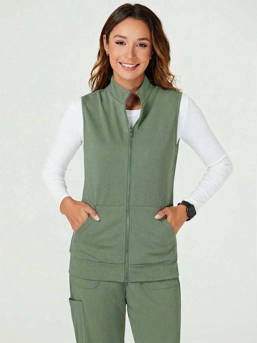 TaskEZ Chaqueta de uniforme de scrubs sin mangas con cierre de cremallera de unicolor - Verde - Ver 1