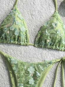 Costavie 2-Piece Floral Sequin Textured Halter Bikini Set, Blue, For Spring/Summer Beach Vacation - Mint Green - View 5