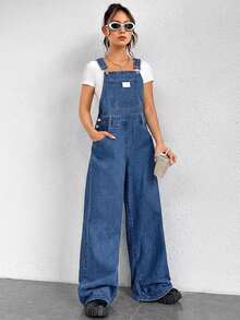 SHEIN EZwear 女士纯色方领无袖宽松口袋时尚牛仔连体裤，夏季 - 中等水洗藍 - 查看 4