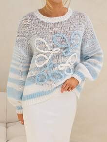 Forever 21 Áo len dệt kim sọc xanh trắng thường ngày, dài tay - Xanh và trắng - Xem 4