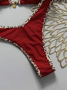 Swim Vcay Women's Red Halter Tie Back Bikini Set With Textured Animal Print And High Cut Bottom - Red - View 5