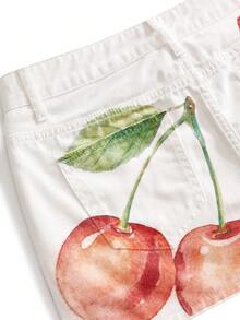Sweetness Chân váy denim ngắn cạp thấp màu trắng in họa tiết quả anh đào ngọt ngào và dễ thương, phong cách nghỉ dưỡng. - Nhiều màu - Xem 4