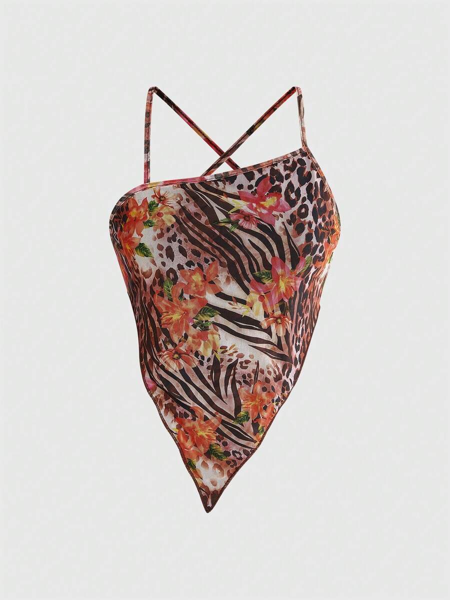 ROMWE Hippie 岛屿度假尖领露背动物纹女式背心 - 彩色 - 查看 1