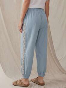 Wildy 波西米亚风休闲西部乡村蕾丝拼接女式夏季基本款通勤口袋灯笼裤 - 藍色 - 查看 2