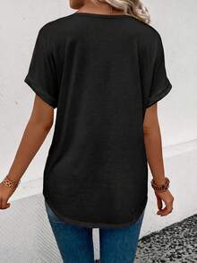 Balvessa Solid Color V-Neck Lace Patchwork Casual Short Sleeve T-Shirt Date Black Summer - Black - View 2