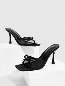 CUCCOO SZL 女士经典时尚高跟凉鞋黑色网眼蝴蝶结穆勒鞋细跟方头设计，适合晚宴、职场通勤、约会等场合，性感百搭。 - 黑色 - 查看 1