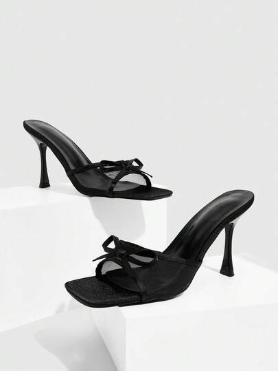 CUCCOO SZL Women Shoes Classic Fashion Women's High Heels Sandals Black Mesh Bow Mule Heels Sandals Thin Heel Square Toe Design Dinner Party, Workplace Commuting, Dating Sexy Wear Women's Shoes