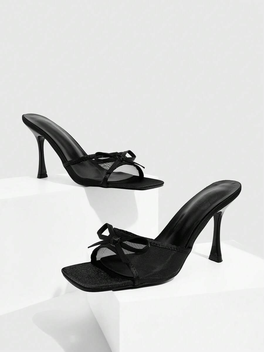 CUCCOO SZL 女士经典时尚高跟凉鞋黑色网眼蝴蝶结穆勒鞋细跟方头设计，适合晚宴、职场通勤、约会等场合，性感百搭。 - 黑色 - 查看 1