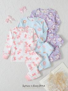 Cozy Pixies 随机三件套女婴贴身睡衣套装，卡通动物印花针织柔软圆领长袖上衣和松紧腰长裤睡衣 - 粉色 - 查看 8