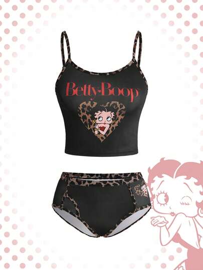Betty Boop | ROMWE 女士字母卡通印花吊带背心和内裤休闲日常内衣套装