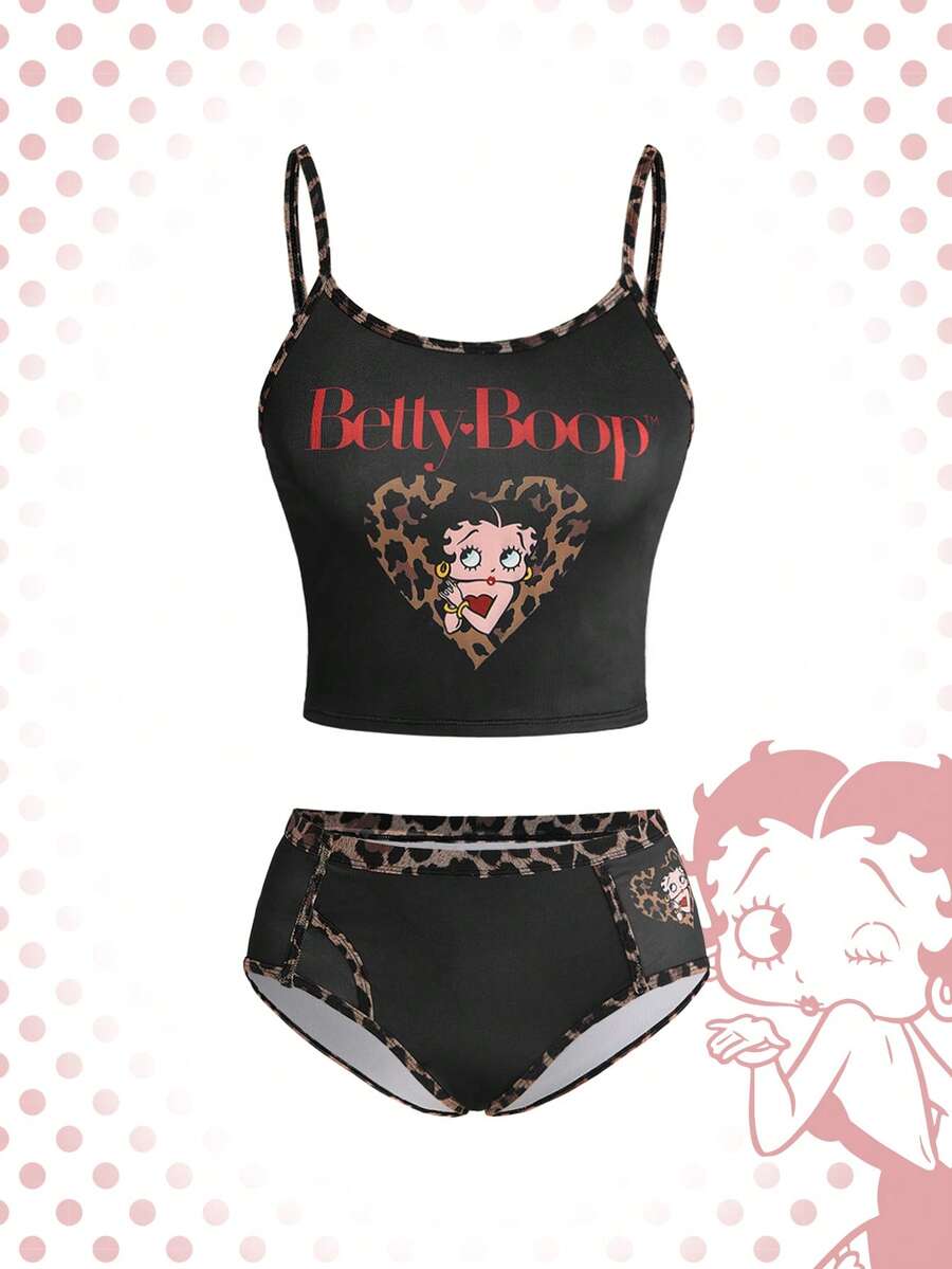 Betty Boop | ROMWE 女士字母卡通印花吊带背心和内裤休闲日常内衣套装 - 黑色 - 查看 1