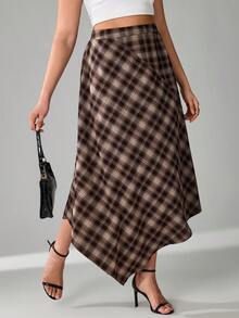 SHEIN Tall CURVE 大码休闲复古不对称下摆格子裙 - 棕色 - 查看 5
