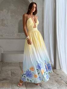 Aloruh Women's Spring/Summer New Halter Tie A-Line Super Long Placement Floral Print Dress, Suitable For Beach, Vacation, Sand, Travel - Multicolor - View 6