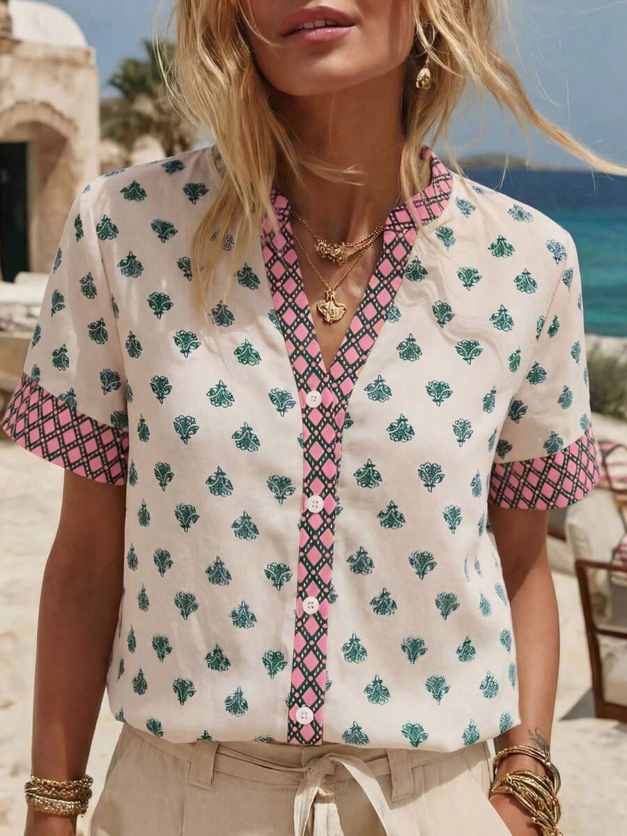 Wandoria Städtisch-eleganter Resort-Stil, neue Damen Frühling/Sommer Bluse aus Kunstleinen mit Bambus-Knoten-Kragen, blau & apricot Blume Muster, Kurzarm, geeignet für den täglichen Gebrauch, Hochzeit, Gala, Pendeln, Abschlussfeier, Urlaub, Date, Party, Halloween, Weihnachten, Neujahr, Erntedankfest, Hochzeit Damenbluse - Armeegrün - Übersicht 1