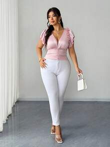 SHEIN Clasi Plus Size Romantic V-Neck Ruffle Design Blouse Gym Brown Autumn - Pink - View 5