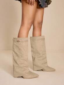 Daringsoles Botas occidentales de tacón grueso con punta puntiaguda y flecos de ante para mujer, botas de ajuste ceñido - Beis - Ver 4