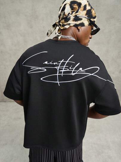 PAVTROS Men's Signature Embroidered Graphic T-Shirt, Fashionable Embroidery Design, Suitable For Outdoor Music Festivals, Casual Outings, Gifts For Boyfriend/Husband, Anniversary Gifts, Black